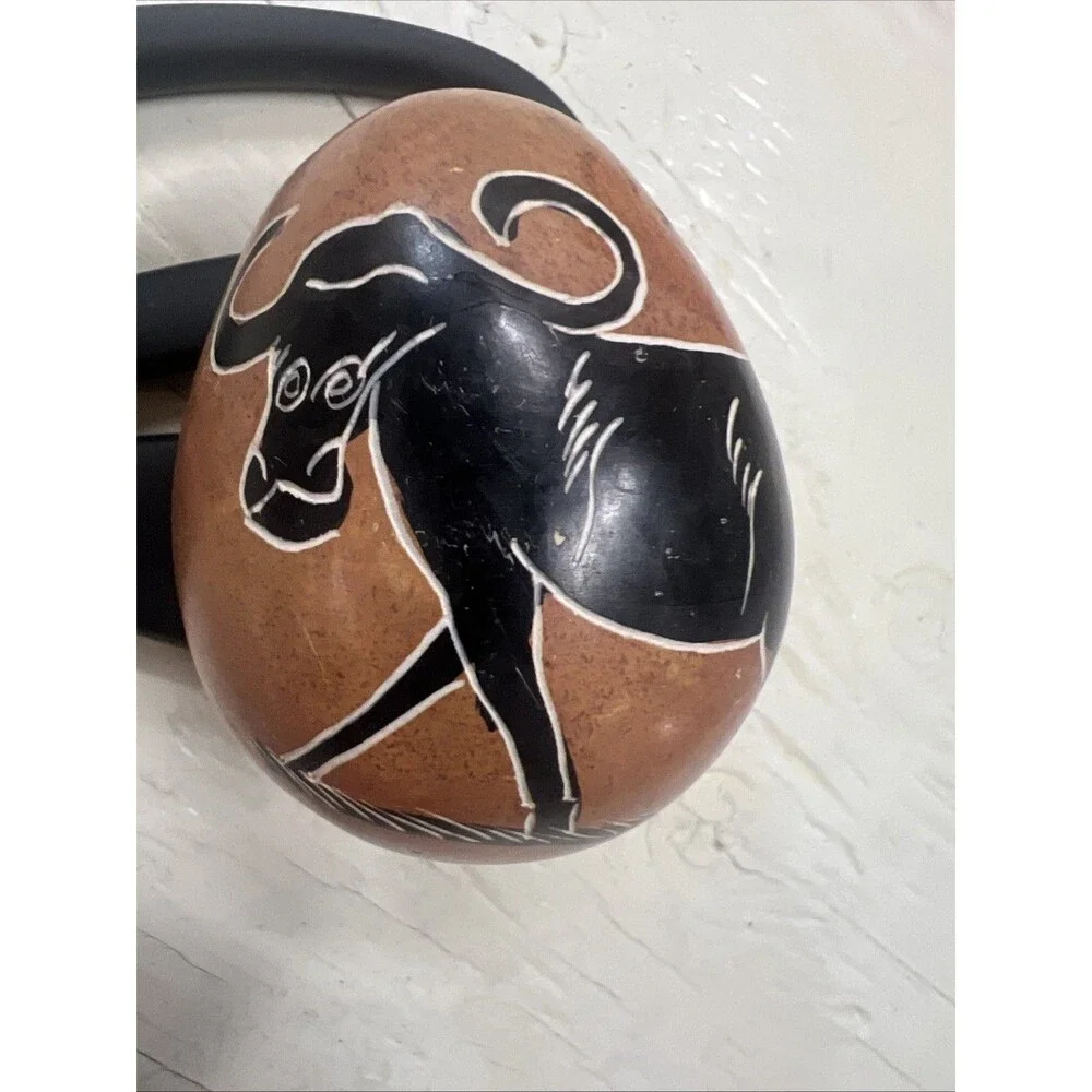 Vtg Large Hand Carved Soapstone Rhino Egg Kenya - Hand Painted Etched 3
